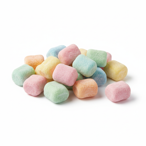 Colorful homemade bubble gum pieces on a white background
